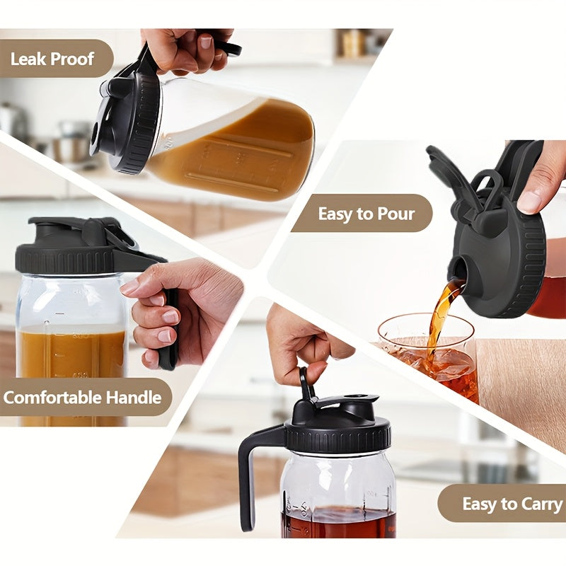 Reusable Mason Jar Lid with Handle - This reusable plastic wide mouth funnel lid with handle is the perfect flip top Mason jar cover accessory. It features a leak-proof silicone gasket and a handle for easy use with citrus, coffee, tea, jams, and more.