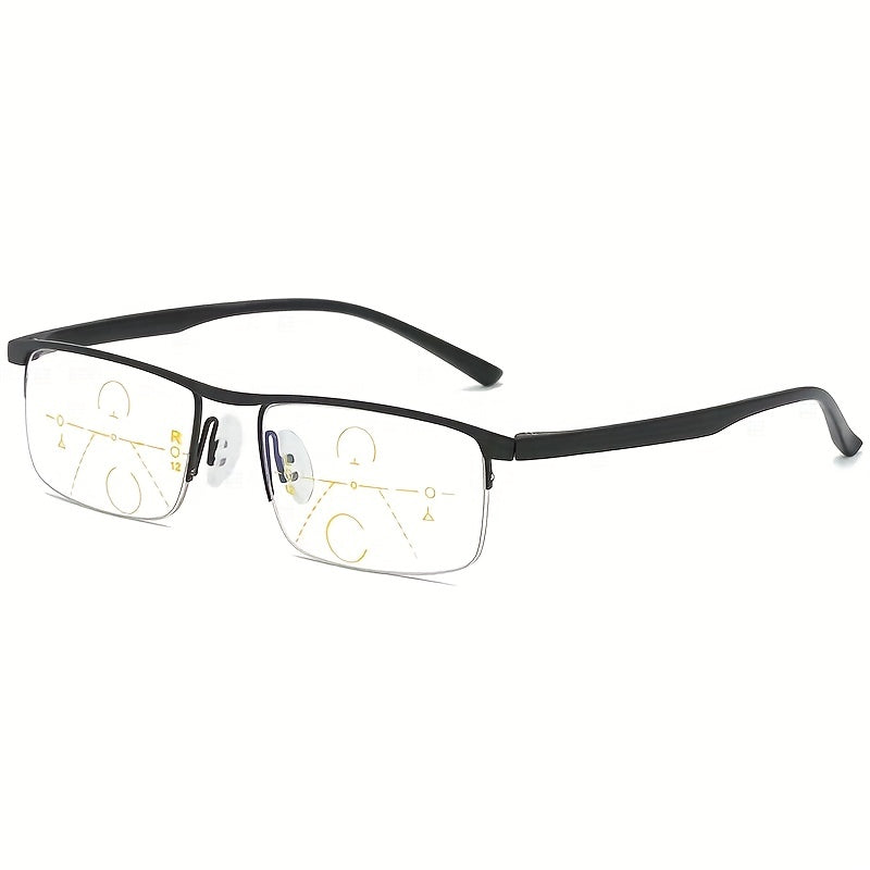 1 pair of progressive multi-focus reading glasses with semi-frame rectangular design for both men and women. Available in 3 colors with a mirror case.