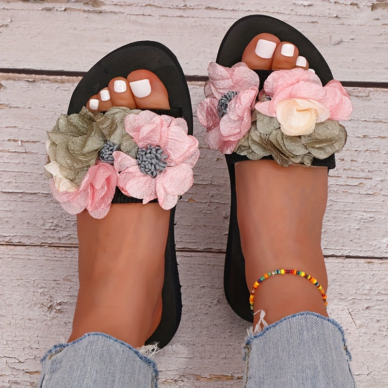 Women's flower decor slide sandals perfect for summer, casual and comfortable.