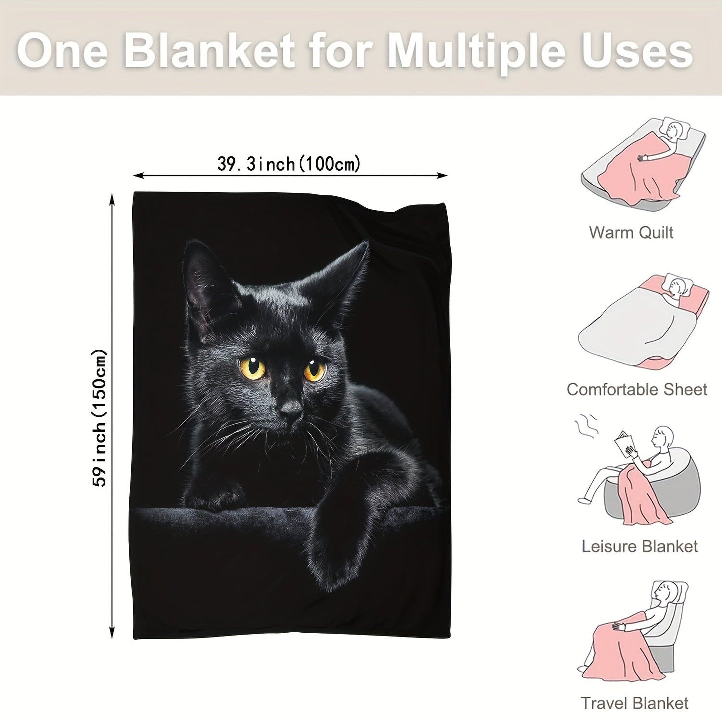 Soft, ultra-black cat print flannel throw blanket - great for couch, bed, car, office, or camping - a versatile and practical gift for all seasons.