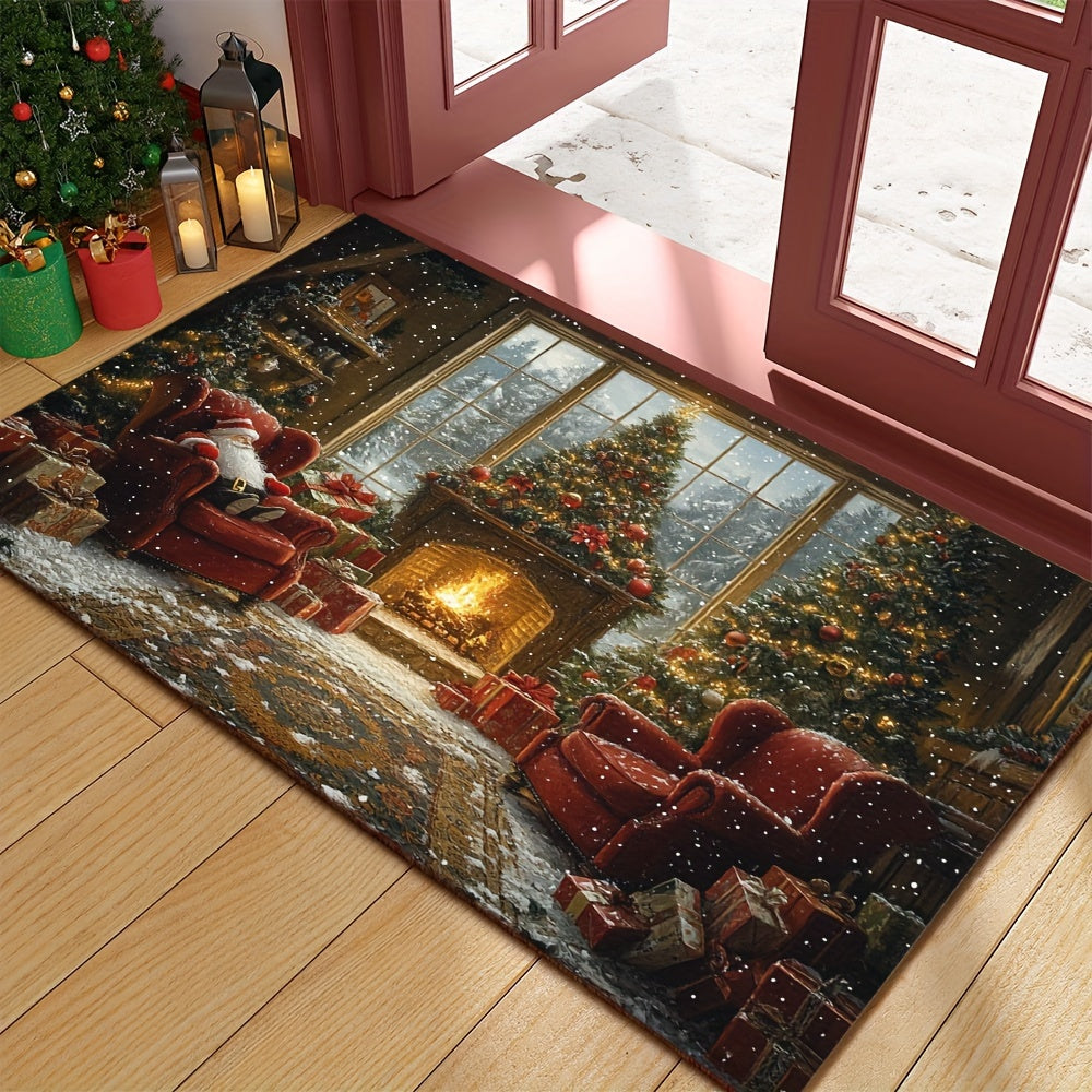 Non-Slip Rubber Backed Christmas Holiday Doormat featuring Santa Claus and Fireplace Design, Washable Polyester Rectangular Entrance Mat with Festive Xmas Tree Floor Decoration. This lightweight braided rug is the perfect addition to your holiday décor.