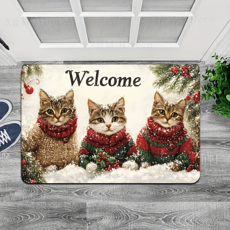 Welcome your guests with the festive 3 Cats Christmas Welcome Mat! This rectangular rug is 8mm thick and made of machine washable polyester with a PVC backing. Its durable construction allows it to be used indoors in doorways, kitchens, bathrooms, living