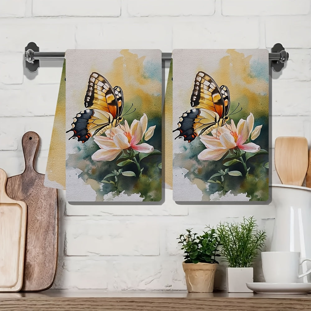 Set of 2 Ultra Soft Kitchen Towels featuring a Delicate Butterfly on Flower Design. These towels are Highly Absorbent, Machine Washable Dish Hand Towels perfect for Contemporary Coastal Decor. Size: 40.64x60.96 cm