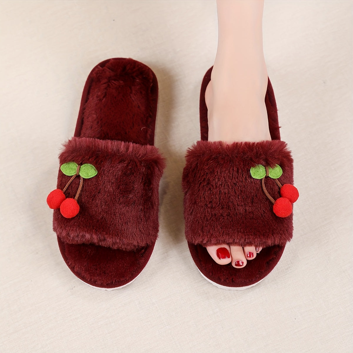 Soft indoor house shoes for women with cherry embellishments, non-slip sole. Suitable for spring and autumn. Hand wash or dry clean recommended.