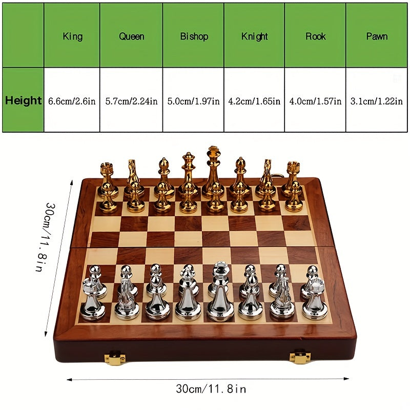 Luxurious chess set with silver pieces on a wooden folding board with zinc alloy pieces.