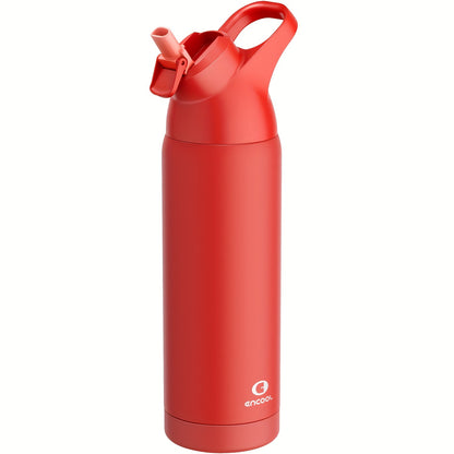 ENCOOL 24oz stainless steel water bottle with leak-proof Tritan lid, straw, and carry loop. Double wall insulated, PVC-free, round shape. Ideal for sports and travel. Hand wash only.