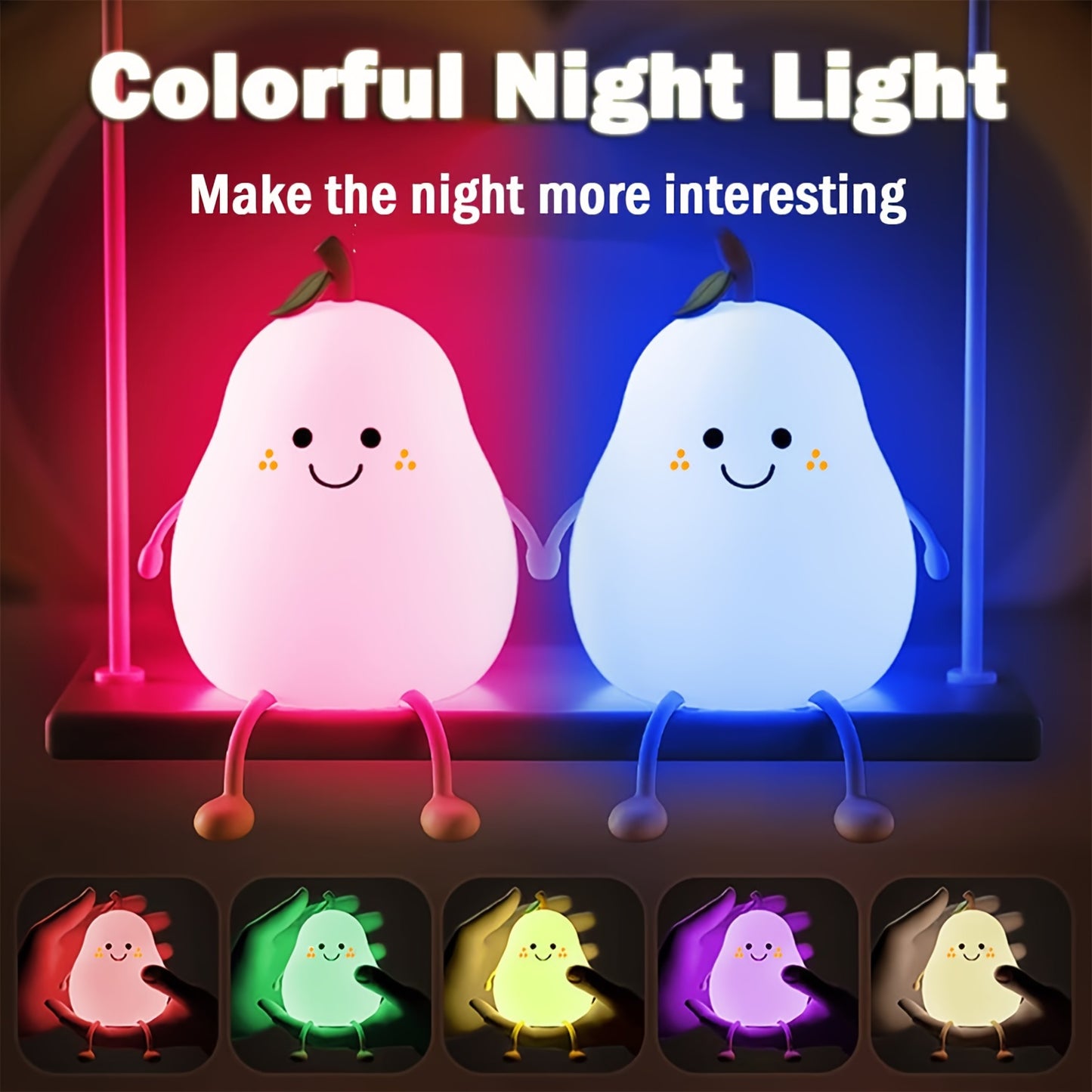 Rechargeable silicone pear lamp with 7 color changing option, timer, and touch control, perfect bedside or bedroom night light for Christmas gift.