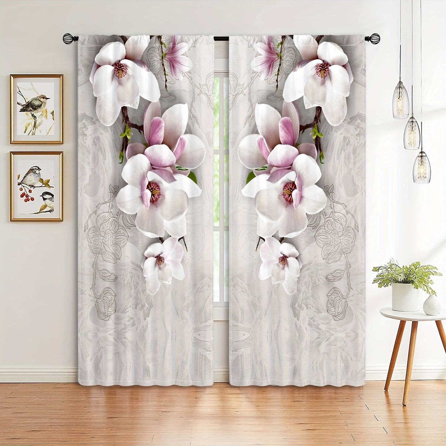 Set of 2 Magnolia Patterned Semi-Blackout Curtains with Rod Pocket, Perfect for Study, Bedroom, Kitchen, Living Room, Playroom, Office, or Patio Décor