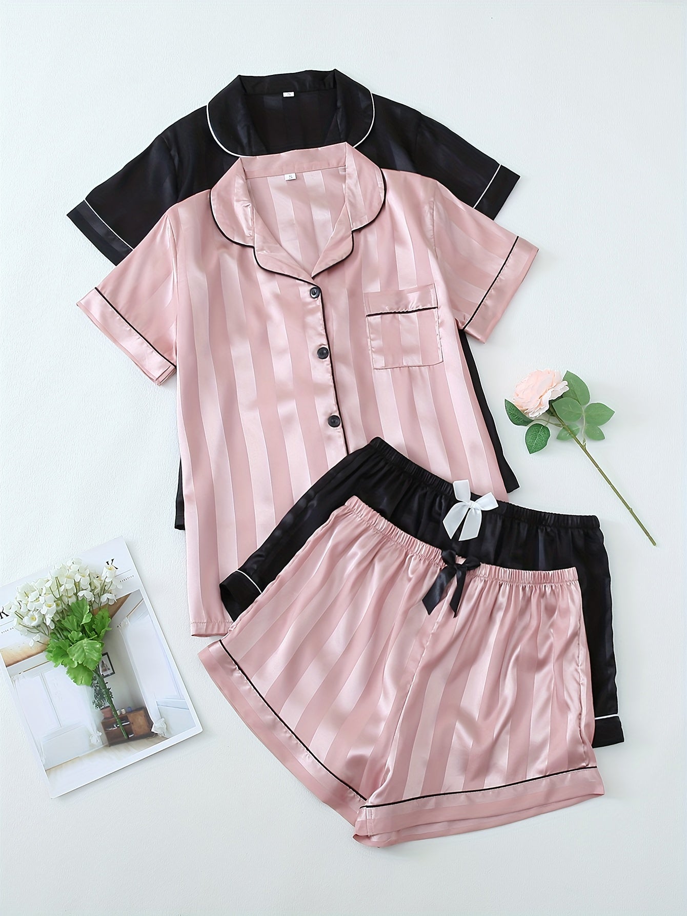 Women's Striped Satin Pajama Set with Short Sleeve Button Top & Shorts, Relaxed Fit