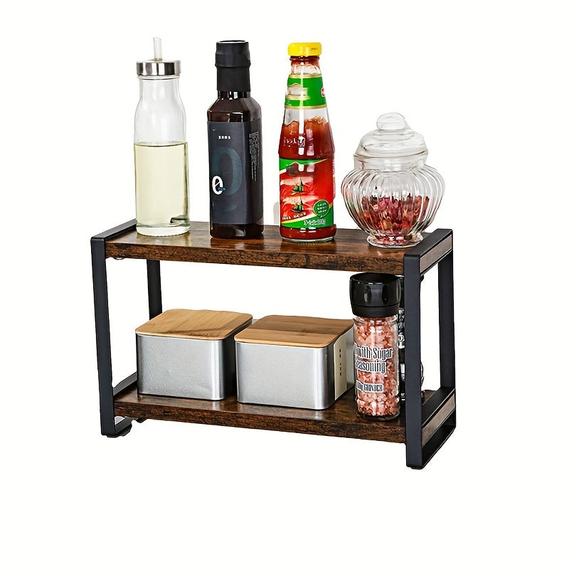 Multi-Purpose Rustic Brown 2-Tier Spice Rack Organizer - Ideal for Kitchen, Coffee Station, and Bathroom Storage on Countertop