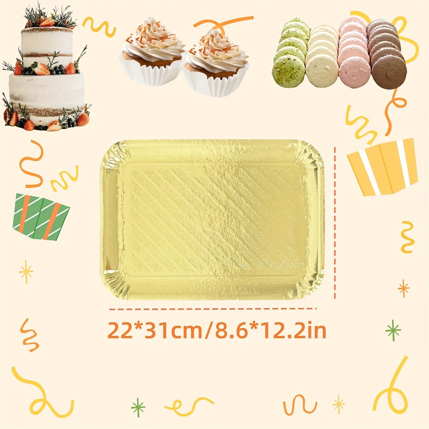 10 elegant golden rectangle cake boards with scalloped edges, designed for heavy duty use. These disposable paper serving trays are greaseproof and perfect for serving desserts and cupcakes. Ideal for birthday parties, weddings, and holiday celebrations.