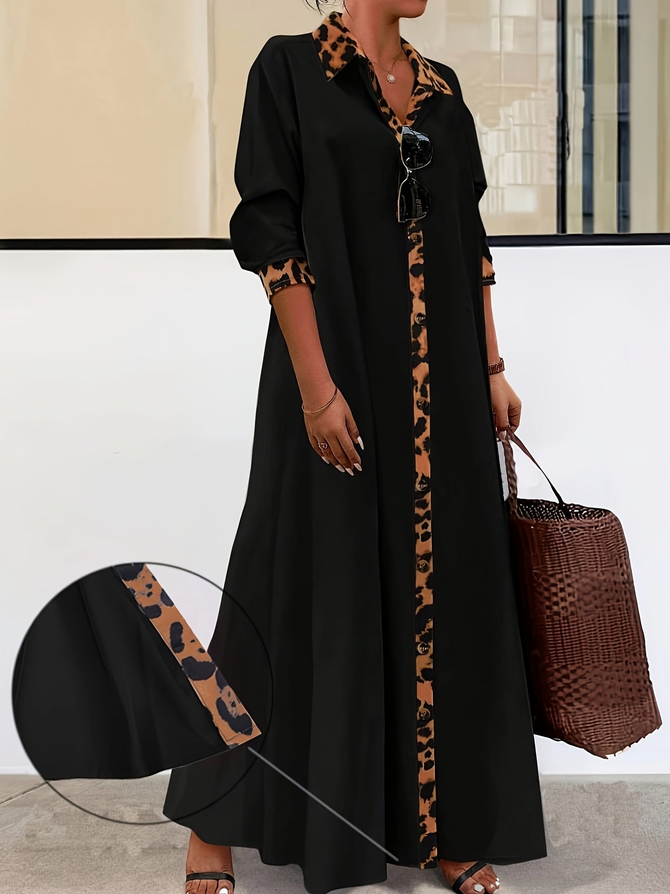 Plus-size dress with collar, long sleeves, elegant long skirt, leopard print trim, suitable for spring and autumn. High-quality clothing for plus-size women.