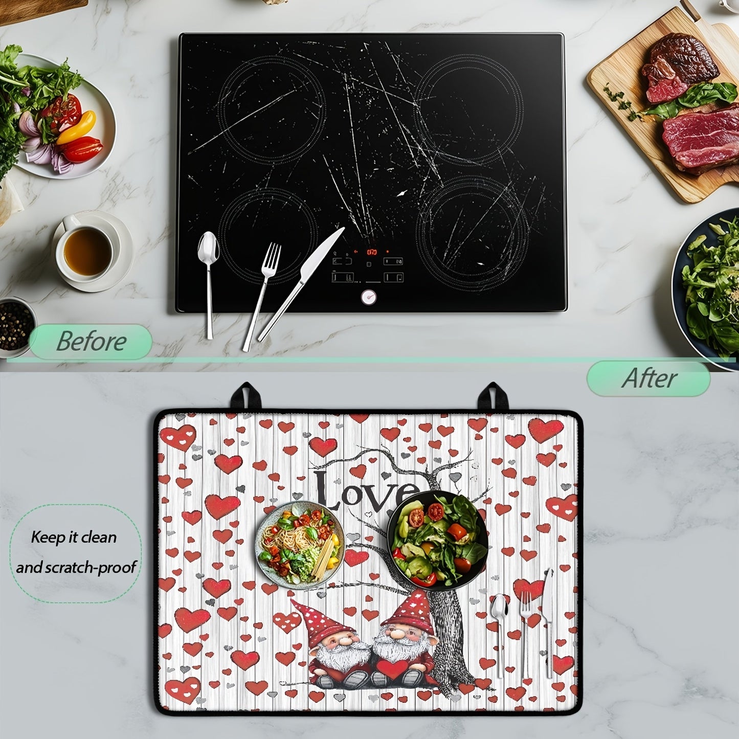 Valentine's Day-inspired stovetop cover featuring a charming gnome and heart design. Made with heat-resistant non-slip material to protect glass and ceramic surfaces from scratches. Perfect for coffee stations, kitchen decor, and more. Easy to wash and