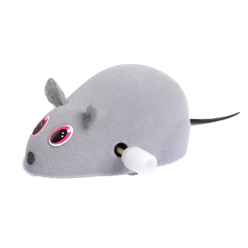 Battery-free plush mouse cat toy with wind-up mechanism, featuring animal print design for interactive fun.