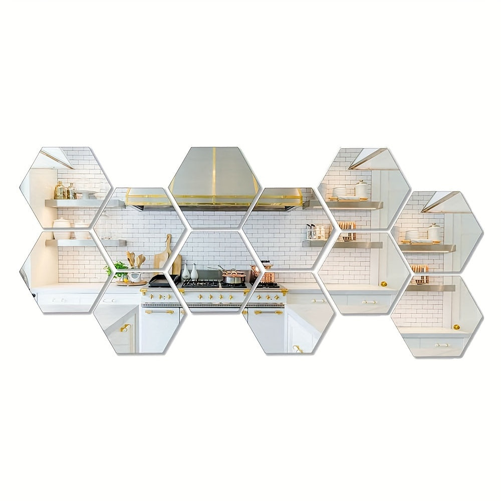 Silvery acrylic hexagon mirror decals for DIY 3D art in home decor.