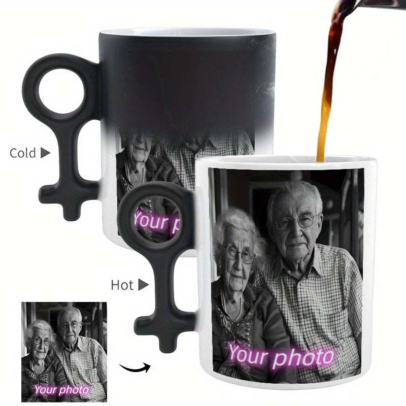 Customized color-changing mug with heart handle - perfect for Father's Day, Mother's Day, and seasonal gifts.