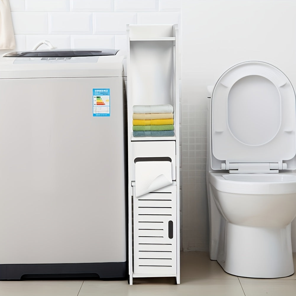 White bathroom storage cabinet with doors and shelves, freestanding toilet furniture with paper holder.