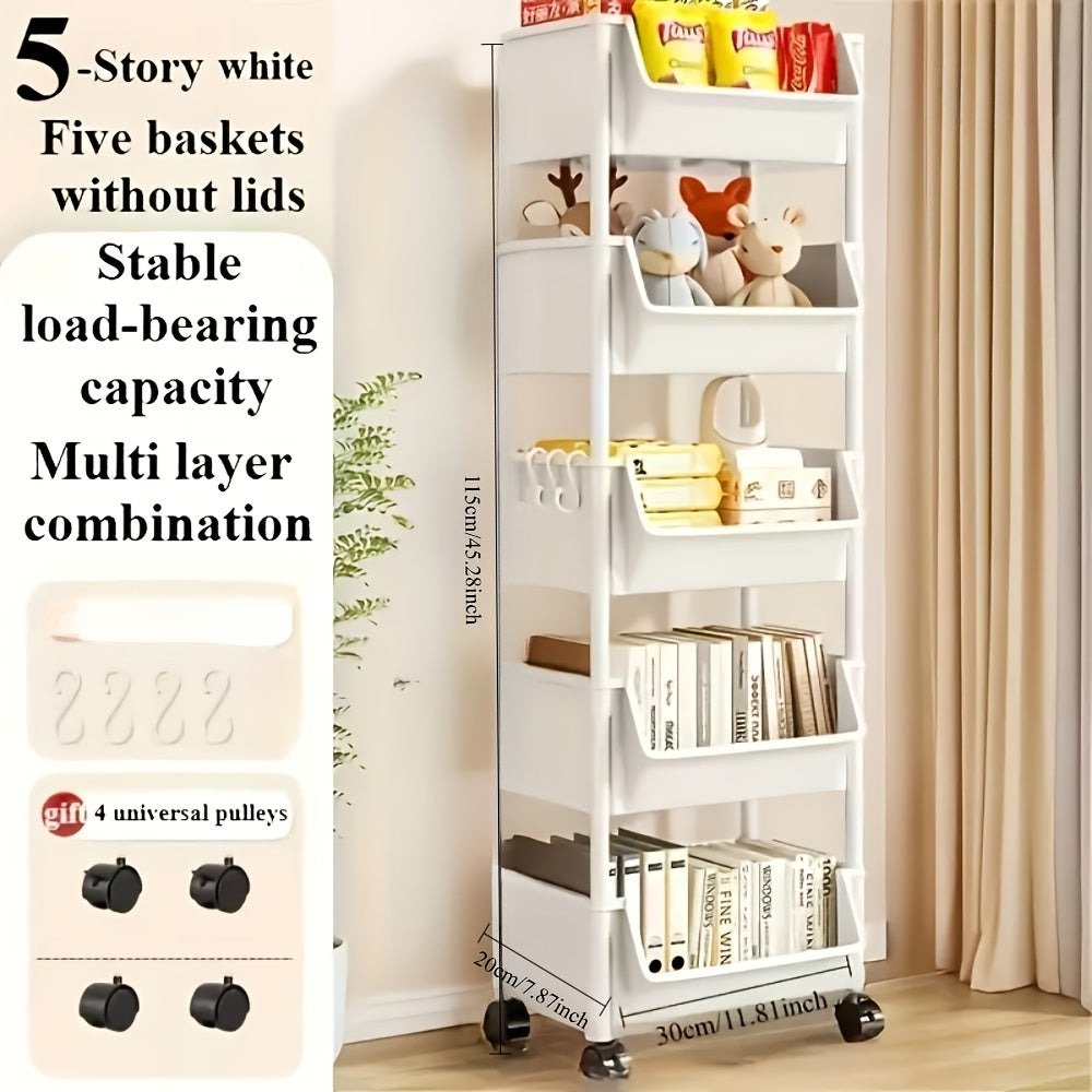 Sturdy Rolling Storage Cart with 4/5 Tiers - Multipurpose Plastic Organizer for Kitchen, Bathroom, Living Room, and Office, Portable and Easy to Move, Ideal for Bookshelf or Balcony Storage.