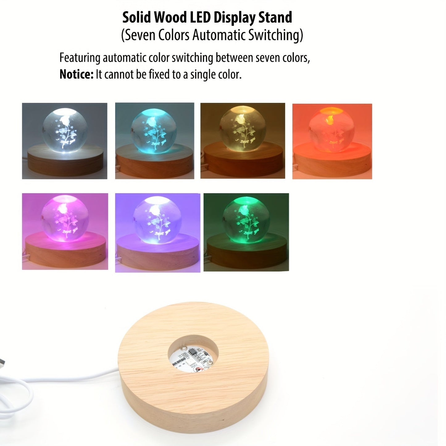 Wooden LED Light Display Base for 3D Crystal Glass Resin Art and Pictures in Multiple Colors, Perfect for Holiday Gifts