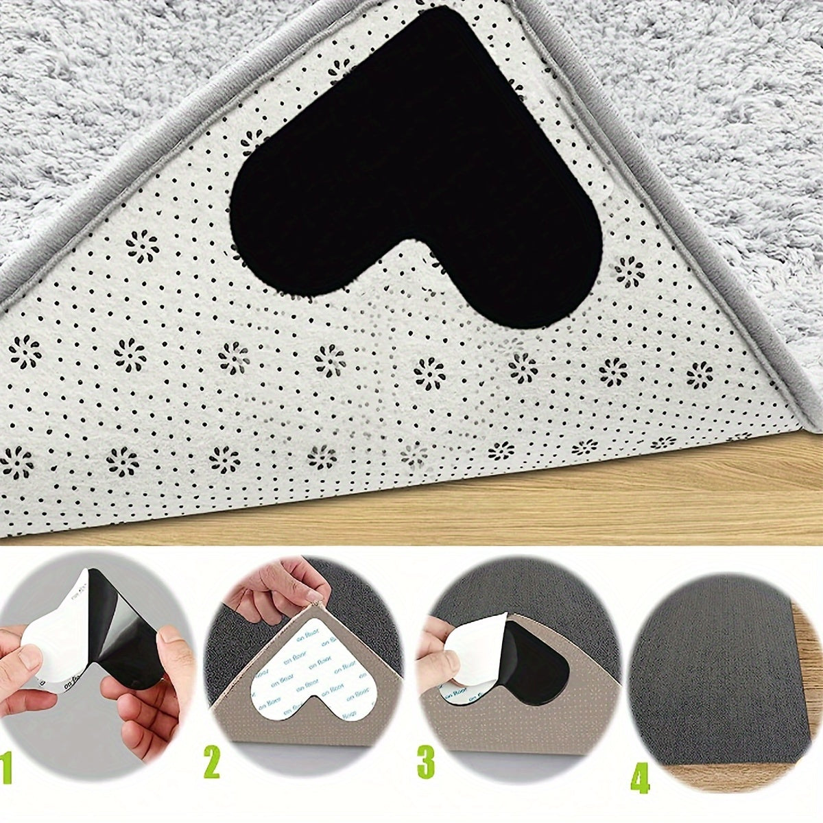 Heart-shaped double-sided tape with 1 piece of silicone non-slip carpet pad, featuring a no-residue nano adhesive that is reusable and washable. Perfect for protecting hardwood and tile floors, this pad comes with a corner holder for easy use in your