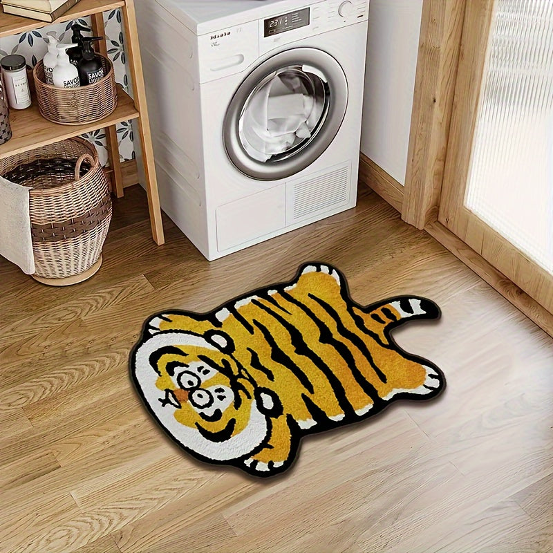 Upgraded ultra-fine thickened short fleece non-slip floor mat featuring a cute little tiger pattern in brown. This special-shaped microfiber mat is both absorbent and non-slip, making it perfect for both indoor use and as a toilet door mat. It is machine