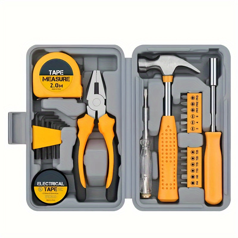 MasterPro 24pcs Home Repair Tool Kit with Carbon Steel Pliers, Wrench, Hammer & Screwdriver in Yellow Case.