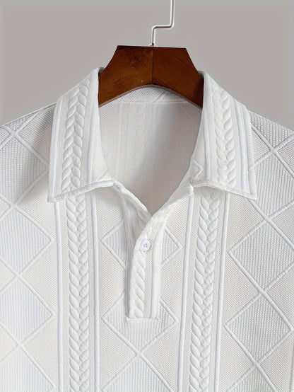 Casual and chic men's shirt with geometric pattern, lapel collar, and short sleeves, made of pure cotton knit fabric for summer wear.