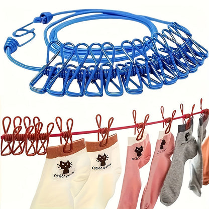 1-piece Clothesline Set with Clothespins, Elastic Rope with Metal Wire and PVC Plastic Clips, Versatile Outdoor Travel Drying Solution, Compact and Portable Retractable Drying Line with No Installation Required