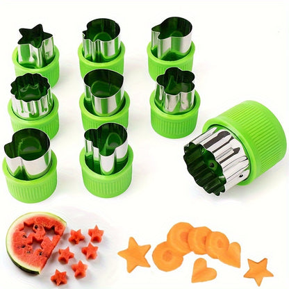 Stainless steel cookie & vegetable cutter set with hand guard - includes star, flower, heart shapes. Ideal for youngsters' baking. Easy-to-use molds for fruit and pastries. Perfect for