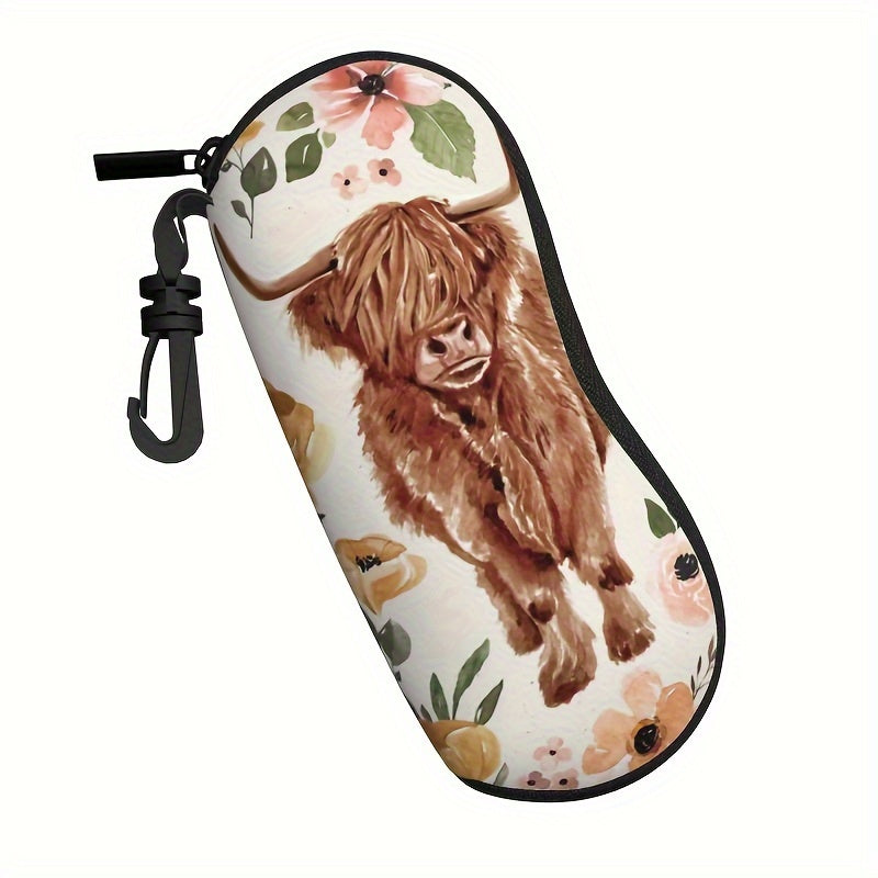 Highland Cow Glasses Case with Boho Floral Design - Stylish Travel Zipper Pouch for Men and Women