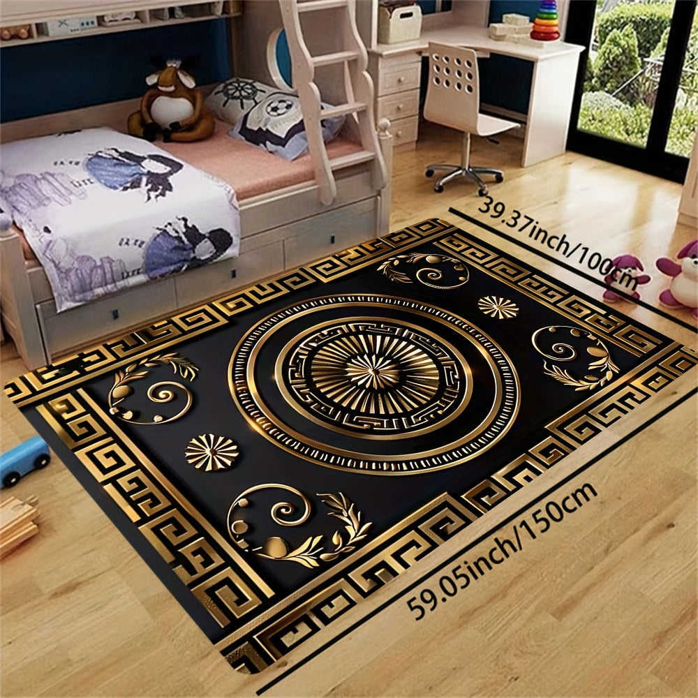 Luxurious Black and Golden Patterned Rectangle Carpet, perfect for the Kitchen, Living Room, Bedroom, or as an Indoor Door Mat. This soft and thickened carpet can be machine washed and used as a decorative piece in any indoor space.