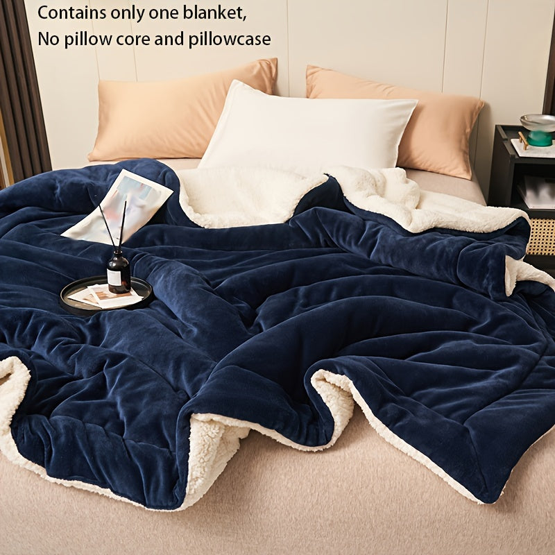 Luxurious Dark Blue Double-Layer Milk Velvet Shearling Throw Blanket - Soft, Warm, Contemporary Style, Machine Washable, All-Season Cozy Nap Blanket for Bed & Sofa - 1pc