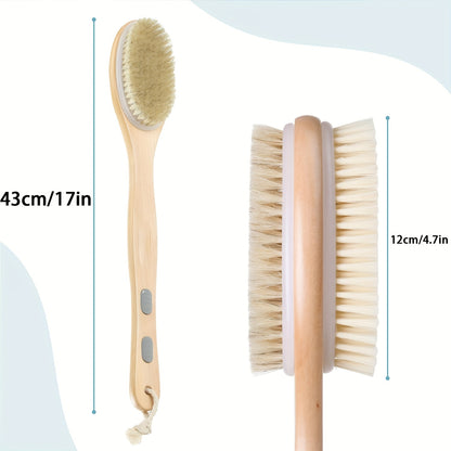 Long-handled dual-sided shower brush for deep cleaning and exfoliating, suitable for lotion application without needing power.