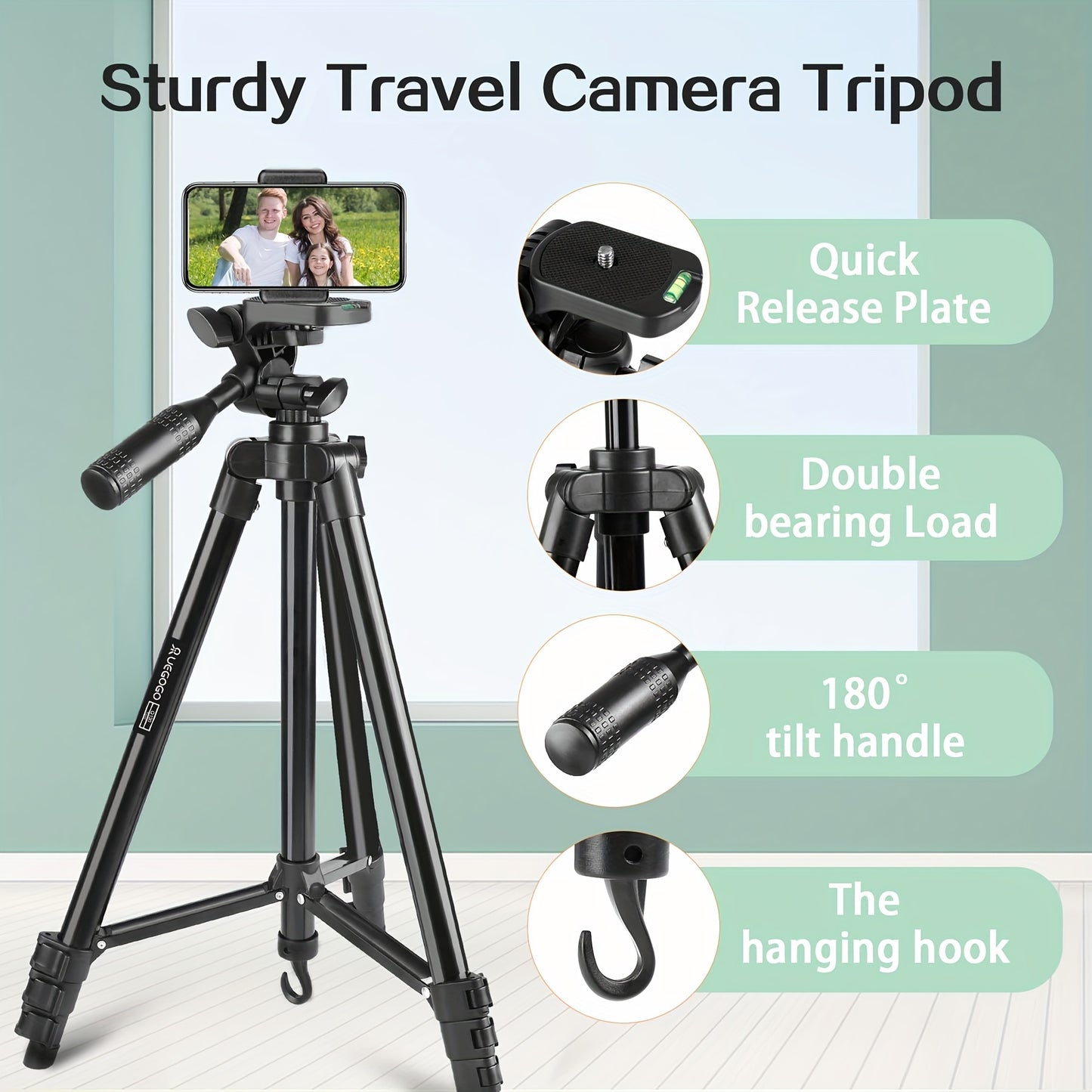 UEGOGO Aluminum Tripod with Gimbal Head, lightweight at 129.54cm, perfect for selfies, video recording, vlogging, and live streaming. Includes carry bag and phone clip, no batteries