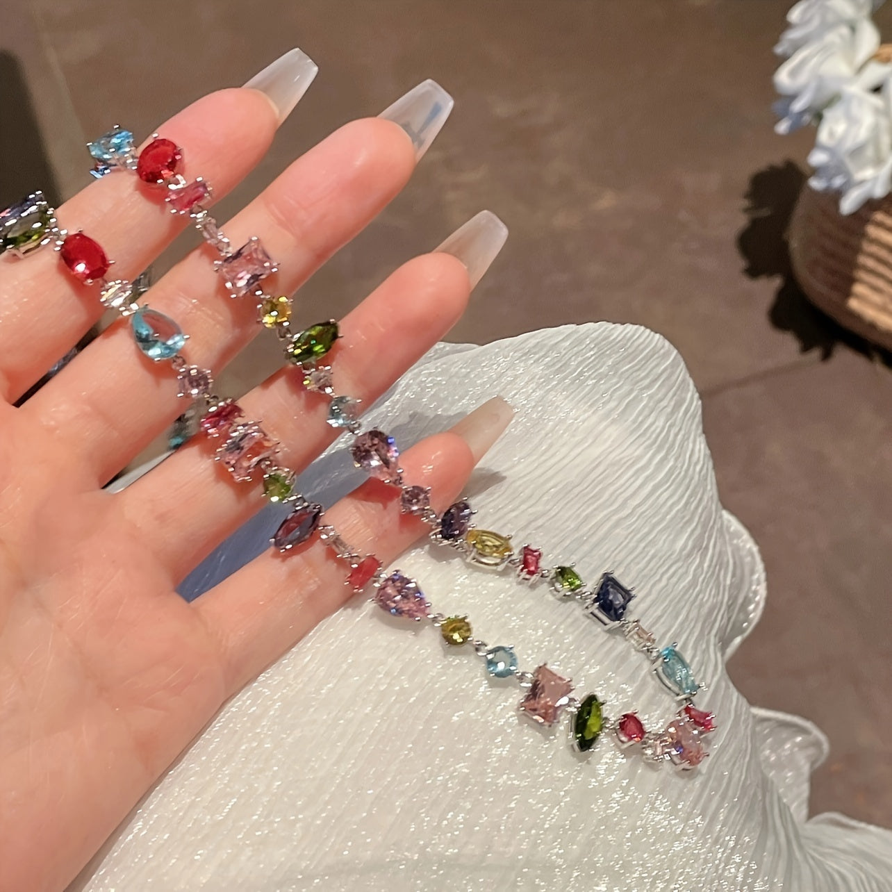 Multicolor Crystal Zirconia Jewelry Set: Necklace and Bracelet featuring a Sweetheart Candy-Inspired Design with Luxurious Geometric Shapes and Rainbow Colors.