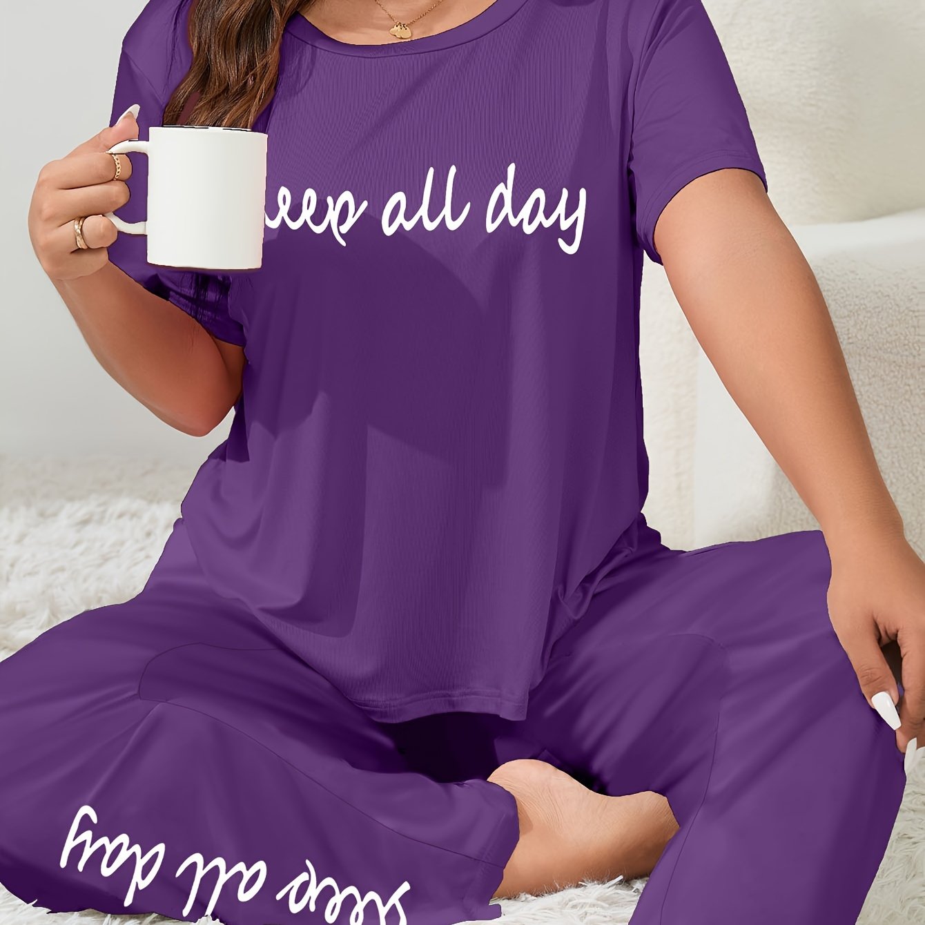 Women's Plus Size Casual Lounge Set with Slogan Print Tee & Pants