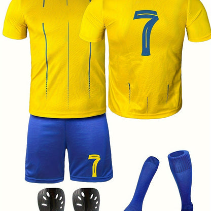 Youth soccer jersey set in vibrant yellow and blue includes shirt, shorts, and socks featuring #7. Made of durable polyester, machine washable for year-round play.