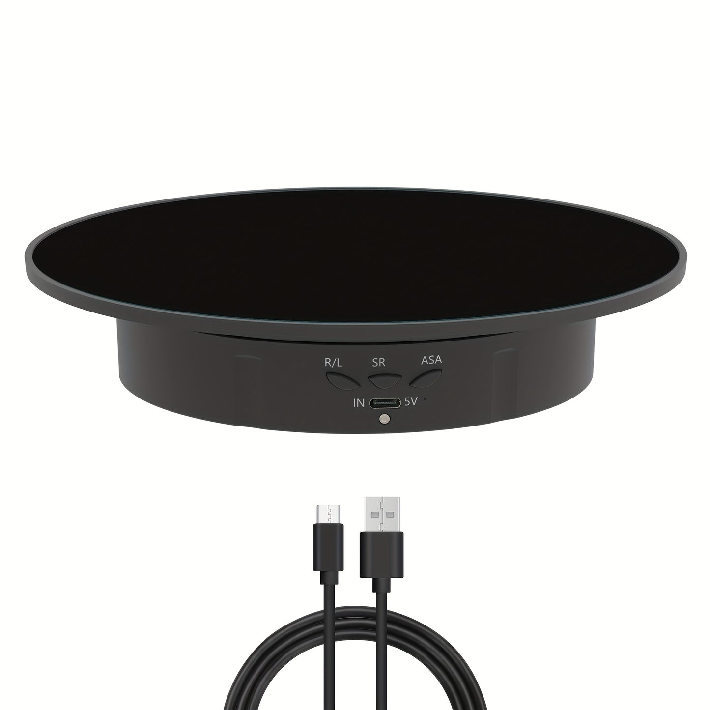 Motorized rotating display stand with 19.99cm pedestal, 360° adjustable speed, 7.71 KG load capacity. Suitable for photography, jewelry, and 3D model exhibitions. Can be powered by USB or