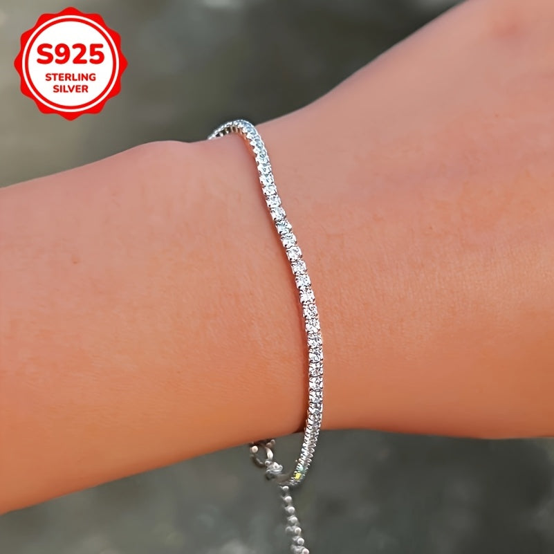 Stylish 925 Sterling Silver Tennis Chain Bracelet featuring Synthetic Cubic Zirconia, Adjustable 2MM/3MM, Hypoallergenic, Sparkling Iced Out Design, Perfect for Daily Wear and Gifting, Ideal Valentine's Day Jewelry for Women.