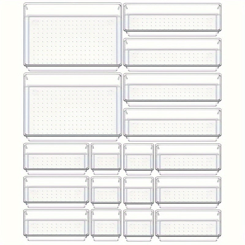 Clear plastic drawer organizers set includes 7-18 pieces in 4 sizes for versatile organization in bathroom, vanity, makeup, bedroom, kitchen, and office.