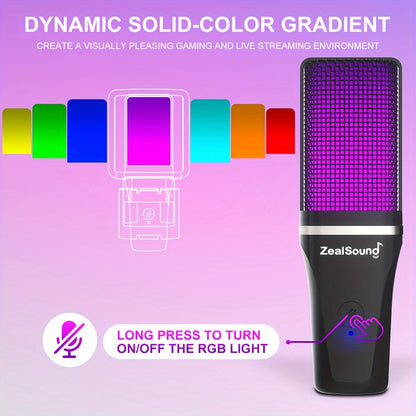 ZealSound USB игровой микрофонный комплект с подставкой, RGB подсветкой и функцией Plug&Play для стриминга на ПК и компьютере в черном цвете.