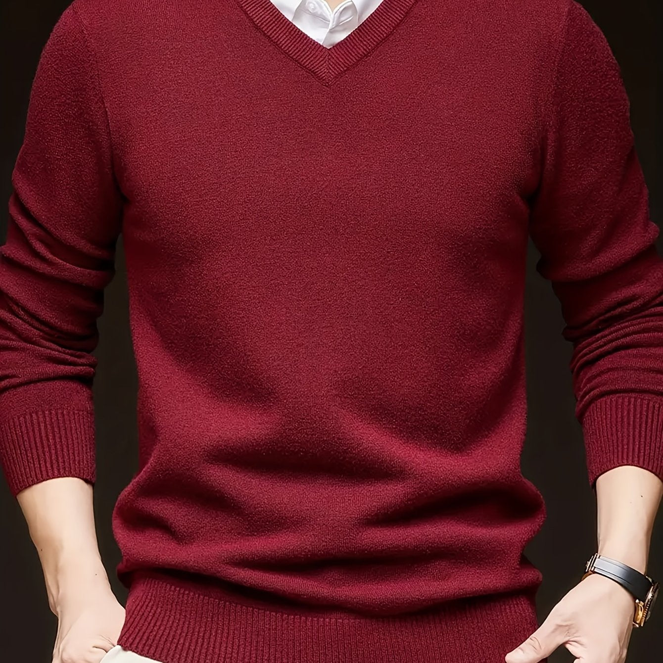 Solid color V-neck knit sweater for men, casual trendy long sleeve pullover, great as a gift.