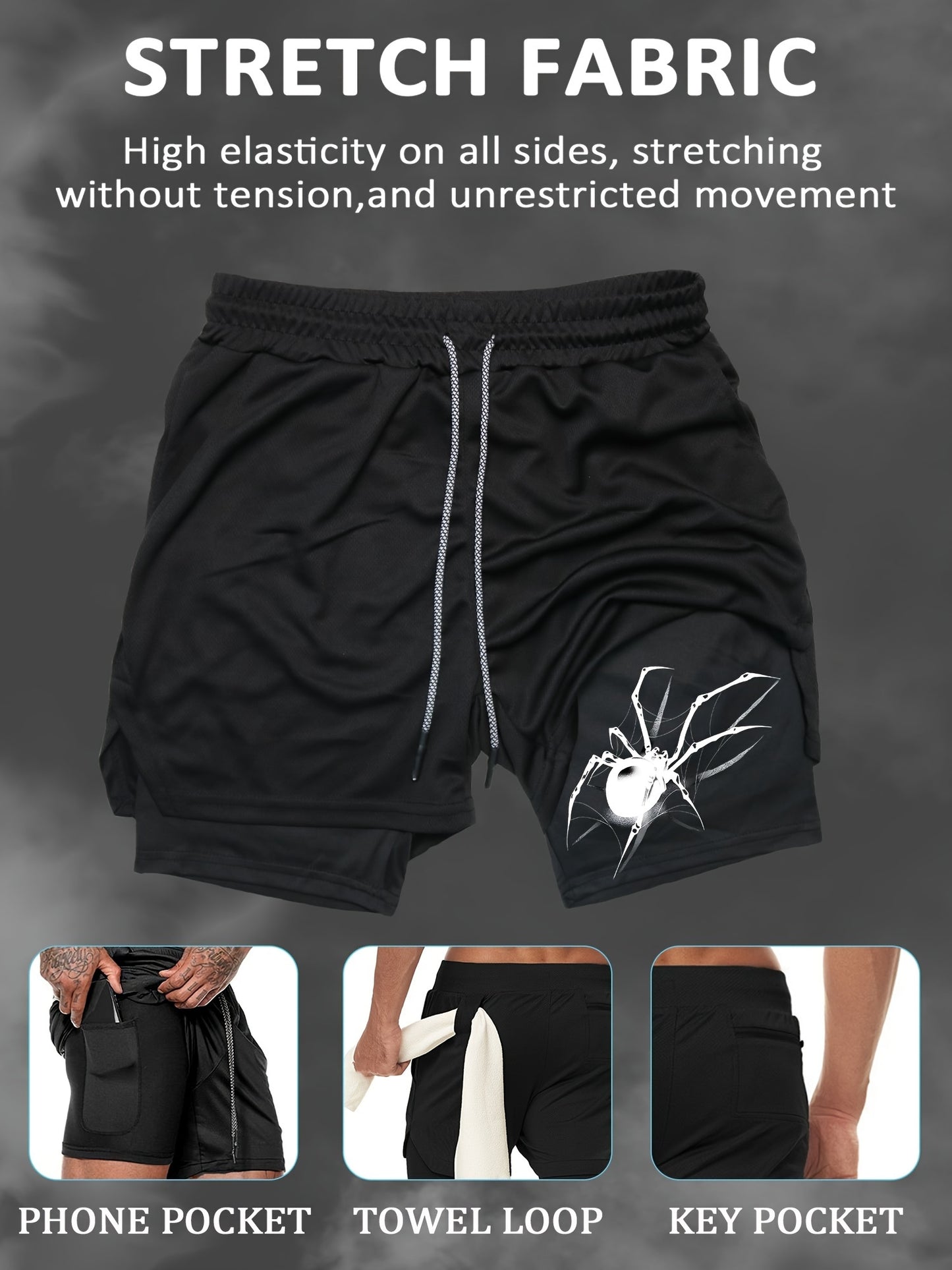 Thorn Letter Men's Casual Sports Suit with Quick-Dry Short Sleeve and Spider Print Double Layer Shorts