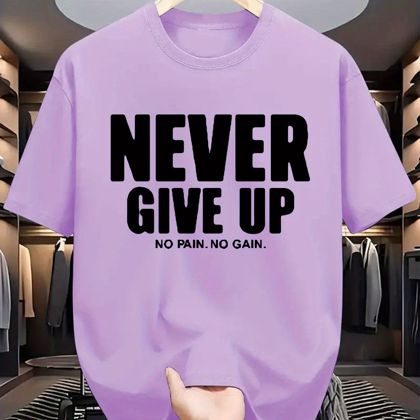 Men's casual crew neck t-shirt with "Never Give Up" print, made of polyester knit fabric with a slight stretch for a regular fit. Perfect for daily wear in summer with short sleeves.