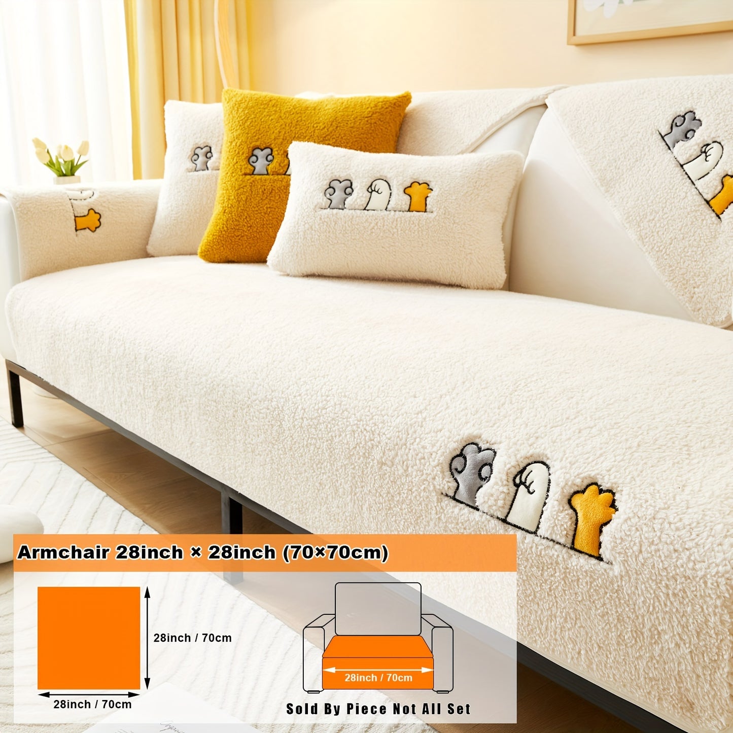 Modern plush sofa cover with paw pattern embroidery, non-slip protection for sofas, machine washable and suitable for various types of furniture.