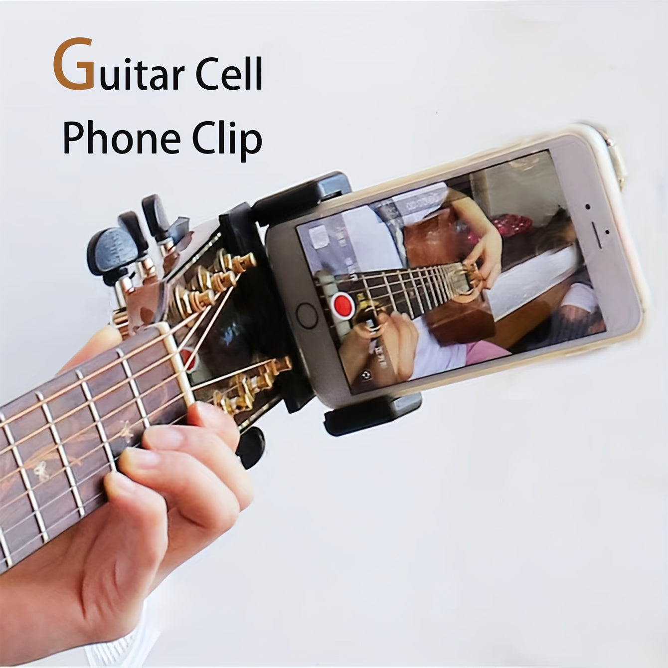 Black alloy cell phone clip for live streaming and recording musical instruments, doubles as a selfie holder.