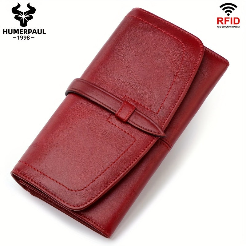 Red RFID blocking long clutch wallet with snap closure, zipper, coin pocket, and multiple card slots.