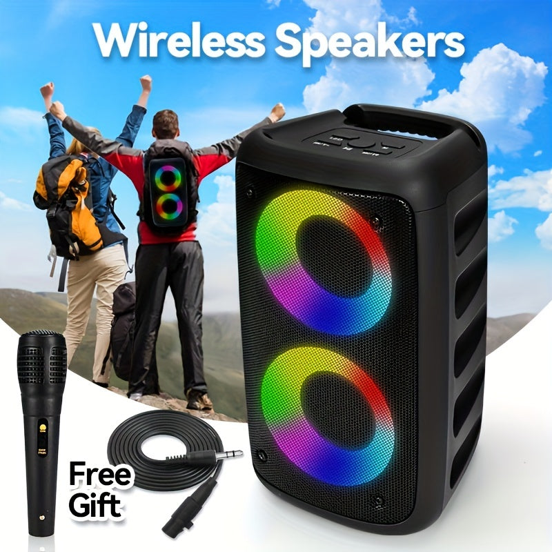 MOKiN Portable Wireless Speaker with Subwoofer, Wired Microphone, RGB Party Lights, FM Radio, TWS Connection, TF Card Slot, Cinema Quality Sound, Dynamic Bass, Type-C Charging, Compact