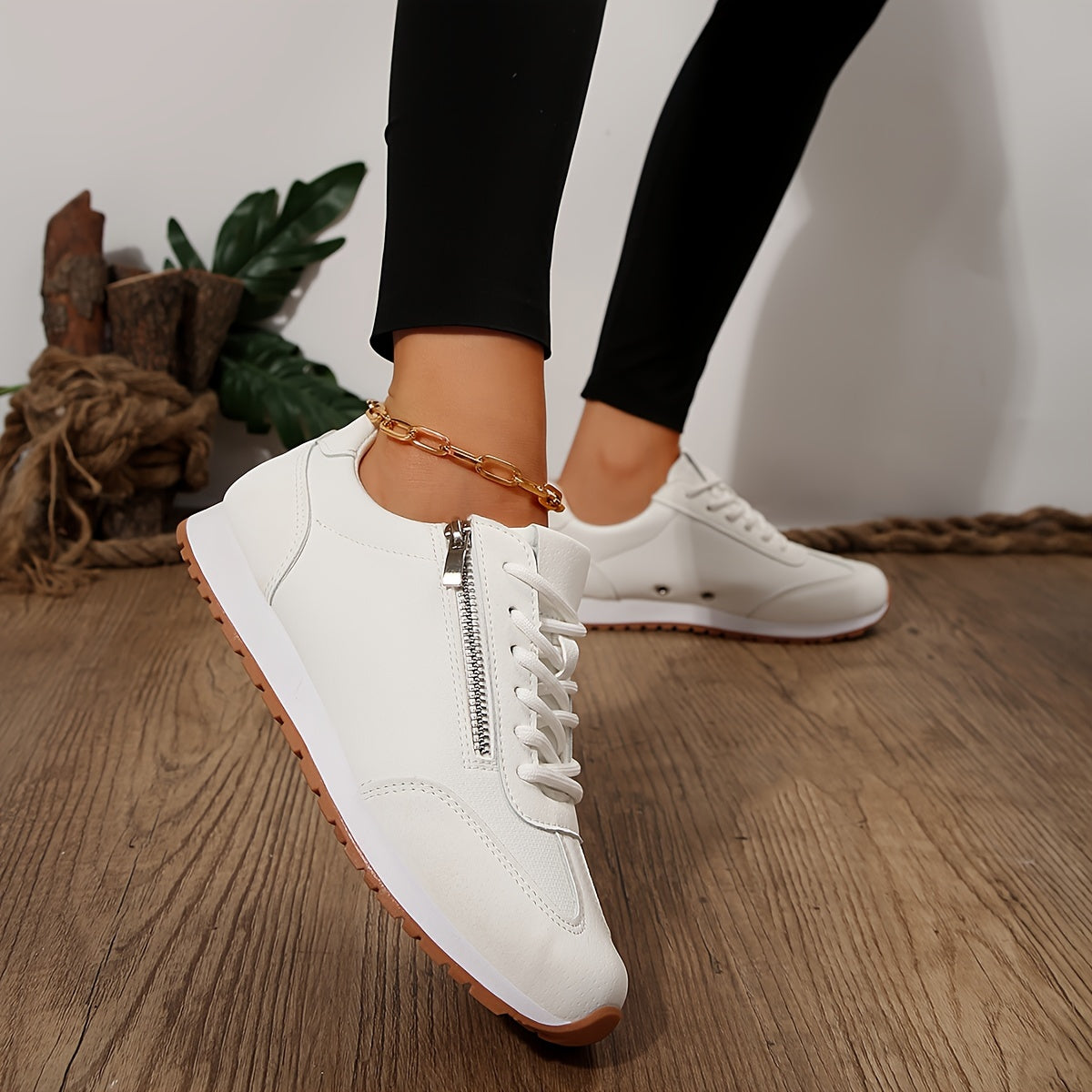 White zipper fashion sneakers, lightweight and comfortable sports shoes.