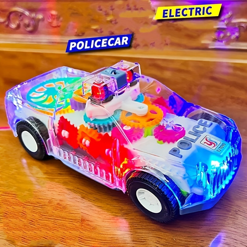 Electric car toy with lights and music, featuring transparent gear and police car design.